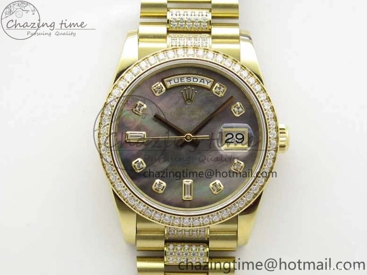 0503 Day-Date 36mm 128235 YG Crystal BP Best Edition Gray MOP Crystal Marker Dial on YG President Bracelet A MultiPurpose 2675